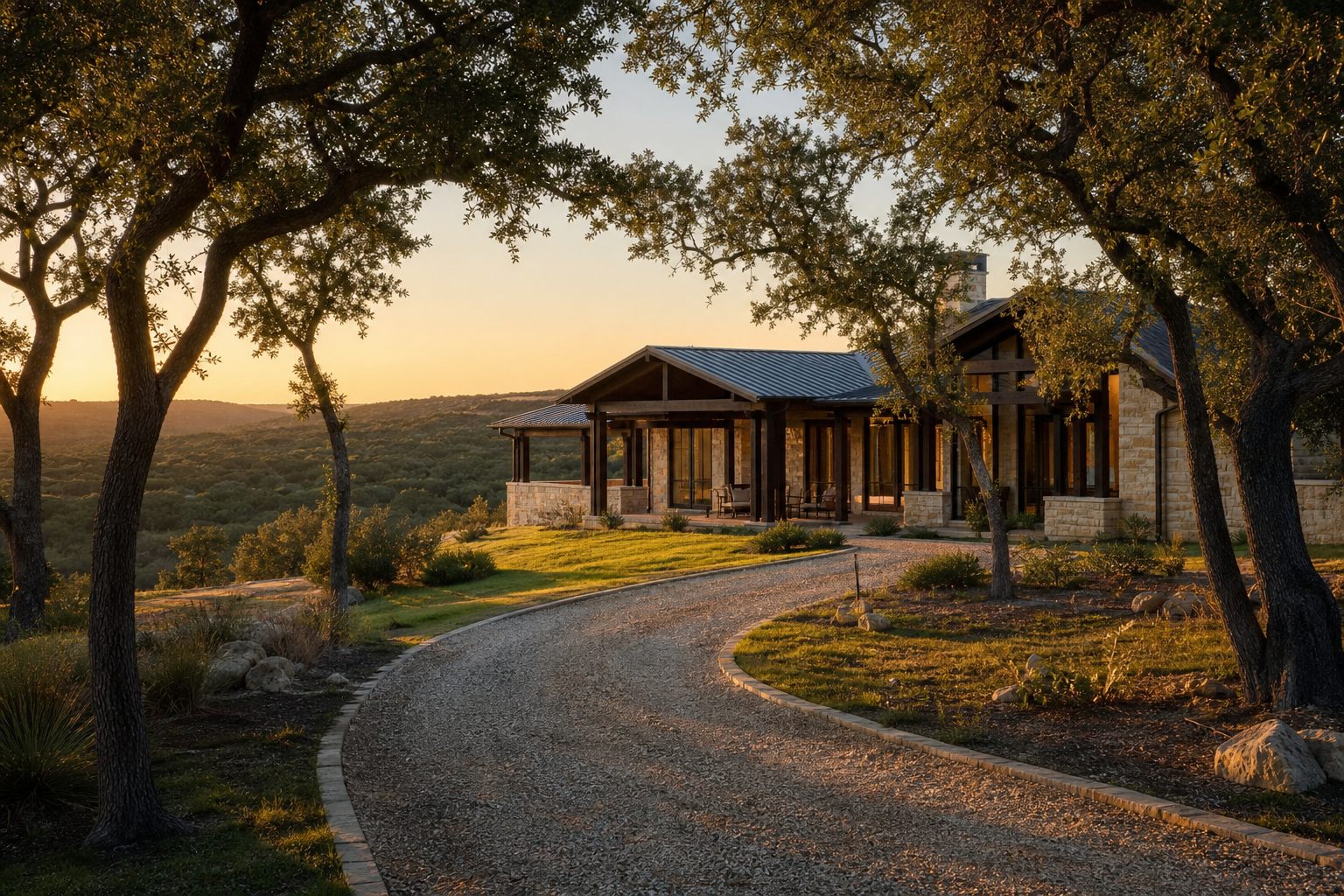 Illustrative image: a custom home on Hill Country acreage at golden hour