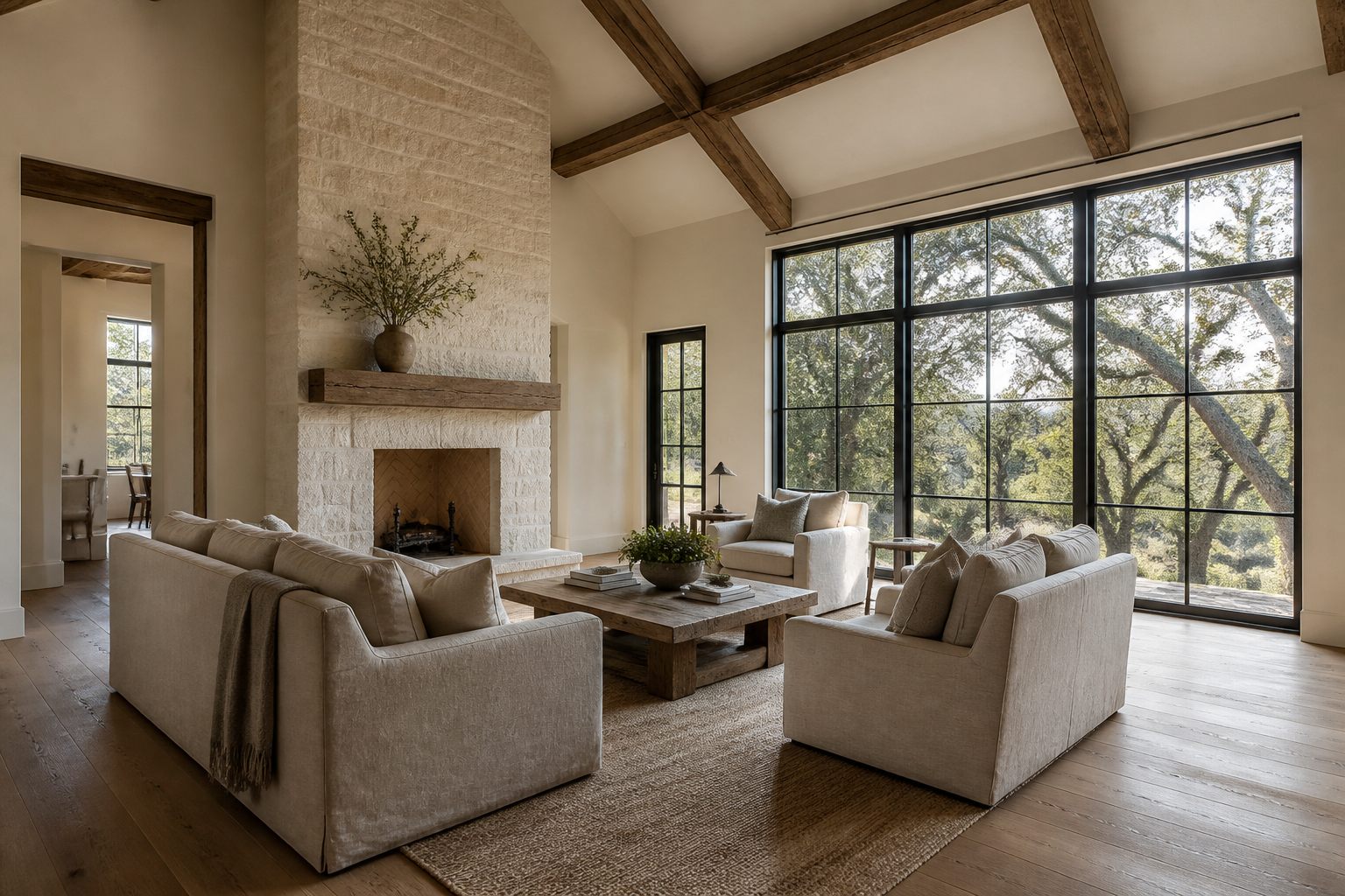 Illustrative image: a remodeled living room with wood beams and steel windows