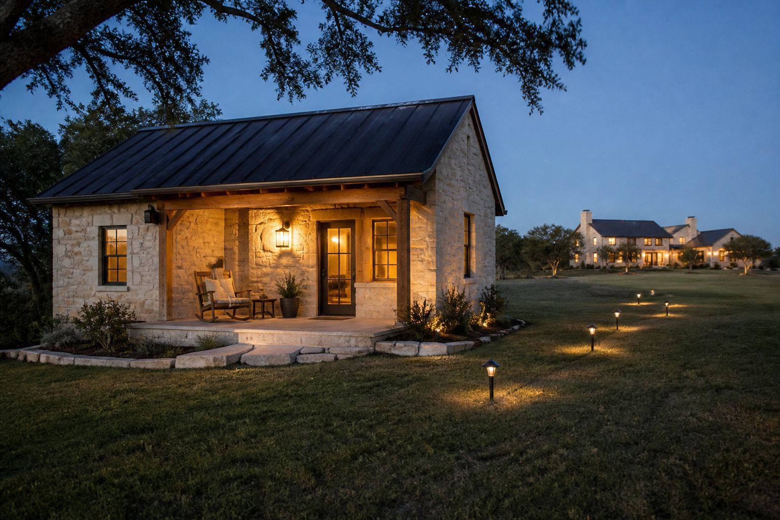 Illustrative image: a limestone casita with a lit porch at dusk