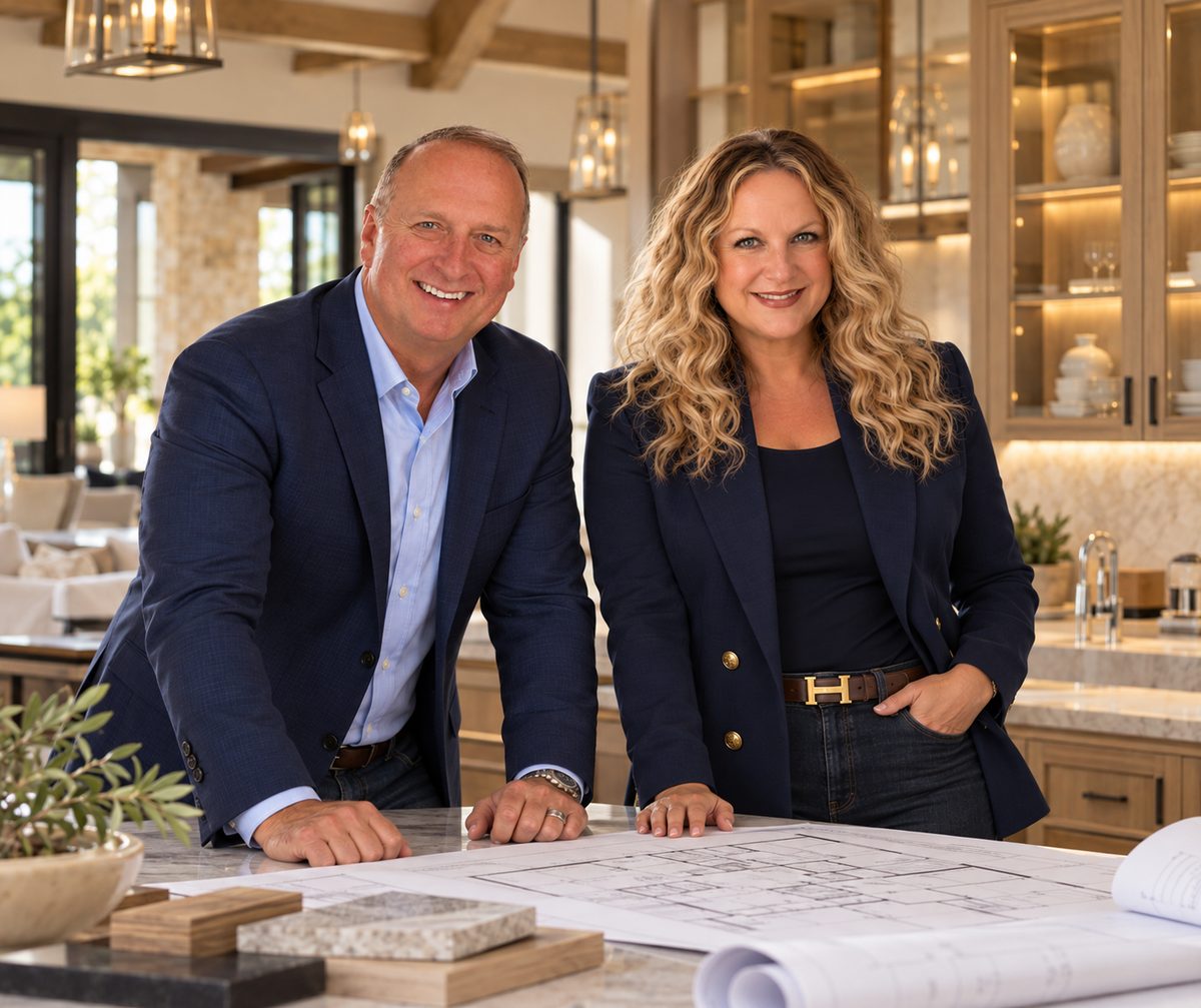 Vanessa Harris and Dan of Riverbend Hill Country Homes at a kitchen island with house plans and material samples